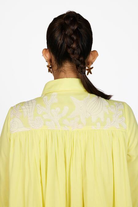 Shop_Dev And Viv_Yellow Cotton Embroidery Collared Yoke Dress _Online_at_Aza_Fashions