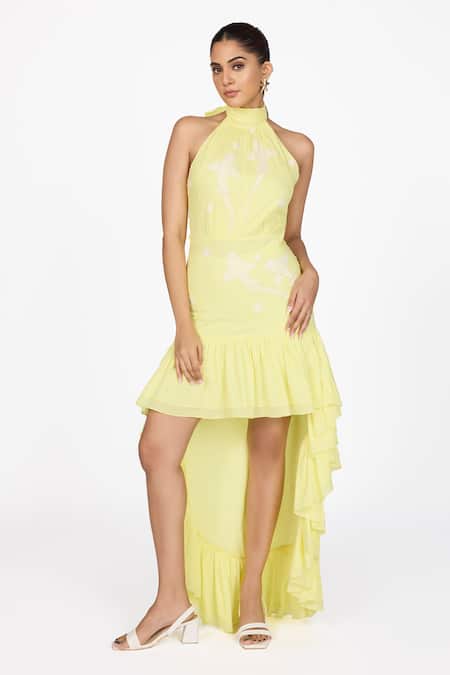Buy_Dev And Viv_Yellow Cotton Embroidery Halter Neck Asymmetric Dress _Online_at_Aza_Fashions