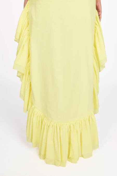 Shop_Dev And Viv_Yellow Cotton Embroidery Halter Neck Asymmetric Dress _Online_at_Aza_Fashions