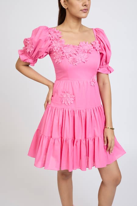 Dev And Viv_Pink Cotton Fabric Flowers Square Neck Floral Pattern Short Dress _Online_at_Aza_Fashions