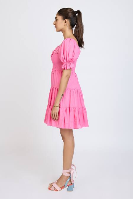 Buy_Dev And Viv_Pink Cotton Fabric Flowers Square Neck Floral Pattern Short Dress _Online_at_Aza_Fashions