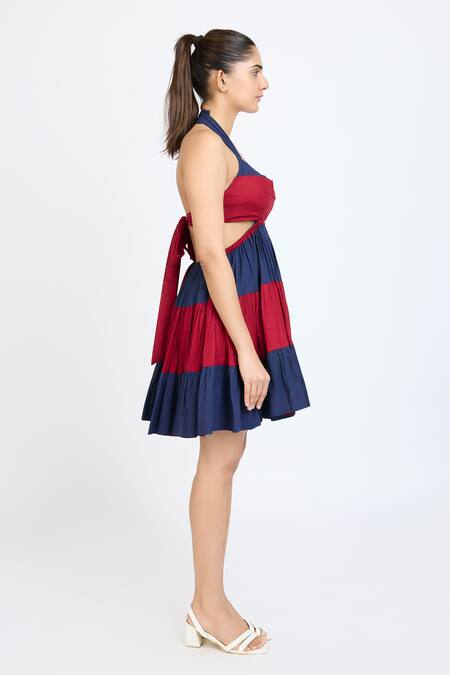 Dev And Viv_Blue Cotton Halter Neck Color Block Pattern Dress _Online_at_Aza_Fashions