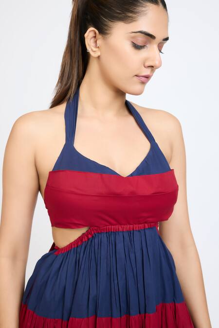 Buy_Dev And Viv_Blue Cotton Halter Neck Color Block Pattern Dress _Online_at_Aza_Fashions