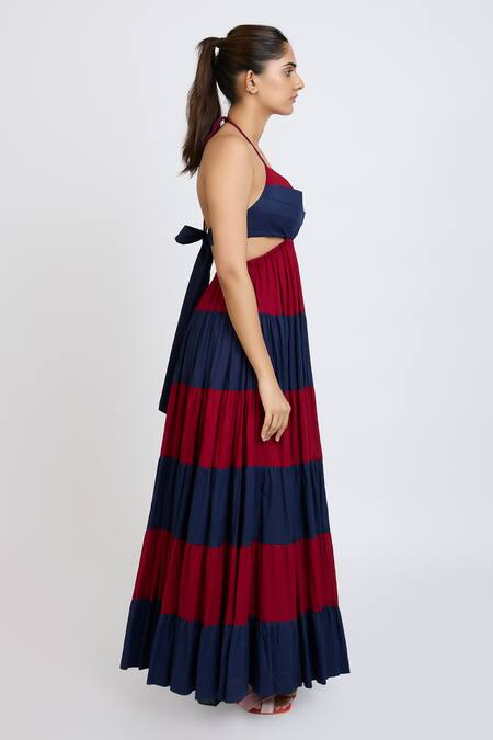 Dev And Viv_Blue Cotton Halter Neck Color Block Pattern Dress _Online_at_Aza_Fashions