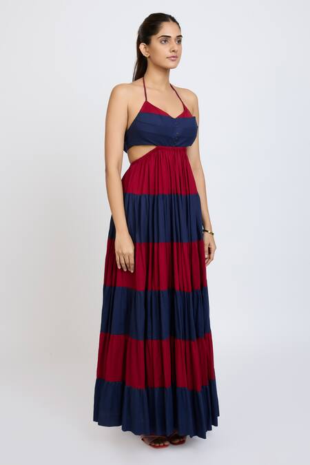 Buy_Dev And Viv_Blue Cotton Halter Neck Color Block Pattern Dress _Online_at_Aza_Fashions