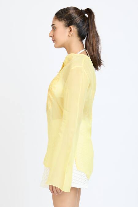 Dev And Viv_Yellow Organza Embroidery Mandarin Collar Tonal Shirt _Online_at_Aza_Fashions