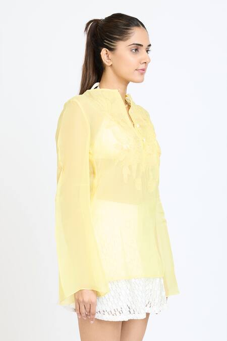 Buy_Dev And Viv_Yellow Organza Embroidery Mandarin Collar Tonal Shirt _Online_at_Aza_Fashions