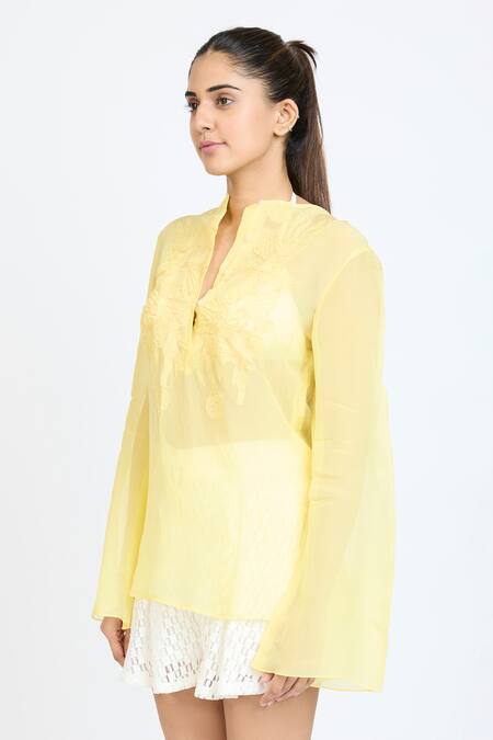 Shop_Dev And Viv_Yellow Organza Embroidery Mandarin Collar Tonal Shirt _Online_at_Aza_Fashions