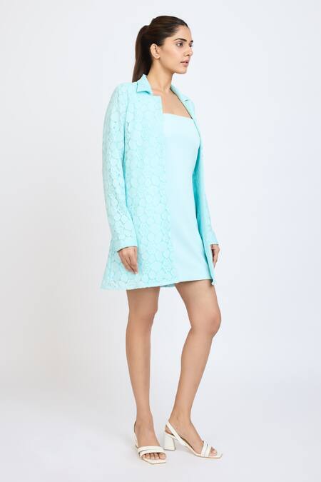 Dev And Viv_Aqua Lace Embroidery Collared Jacket _Online_at_Aza_Fashions