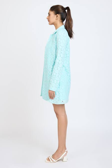 Buy_Dev And Viv_Aqua Lace Embroidery Collared Jacket _Online_at_Aza_Fashions
