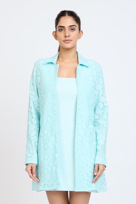 Shop_Dev And Viv_Aqua Lace Embroidery Collared Jacket _Online_at_Aza_Fashions