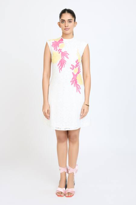 Dev And Viv_White Lace Embroidery High Neck Dress _Online_at_Aza_Fashions