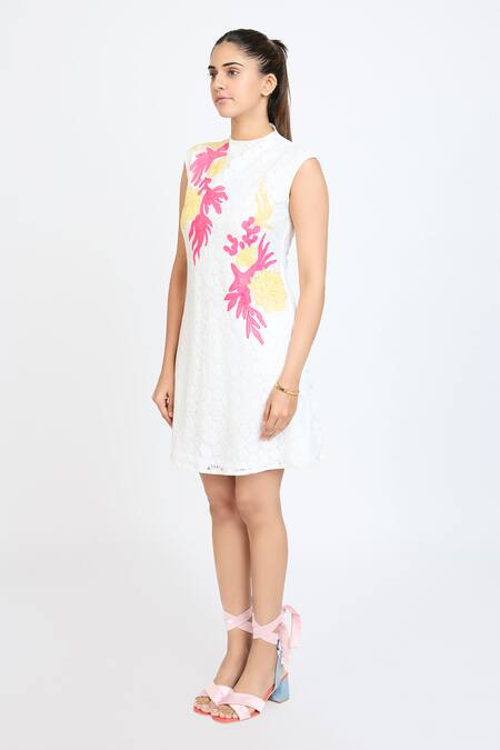 Buy_Dev And Viv_White Lace Embroidery High Neck Dress _Online_at_Aza_Fashions
