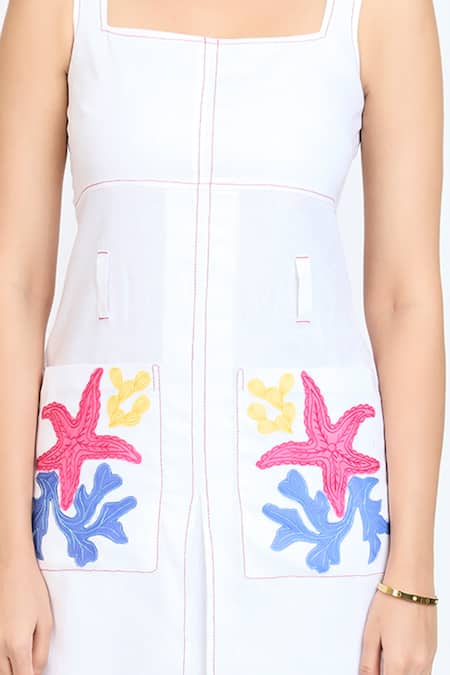 Shop_Dev And Viv_White Lycra Embroidery Square Neck Under Water Pattern Dress _Online_at_Aza_Fashions