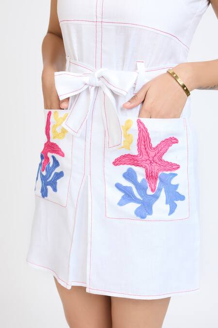 Dev And Viv_White Lycra Embroidery Square Neck Under Water Pattern Dress _at_Aza_Fashions