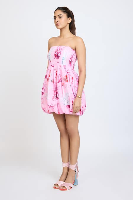 Buy_Dev And Viv_Pink Cotton Off-shoulder Floral Print Dress _Online_at_Aza_Fashions