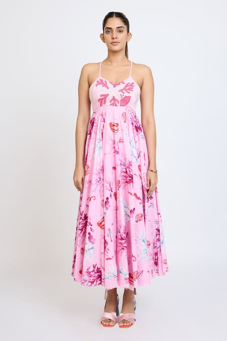 Dev And Viv_Pink Cotton Halter Neck Floral Print Dress _Online_at_Aza_Fashions