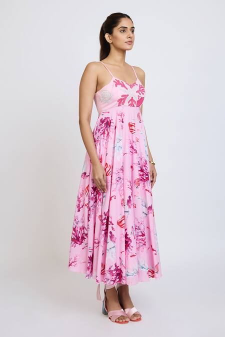 Buy_Dev And Viv_Pink Cotton Halter Neck Floral Print Dress _Online_at_Aza_Fashions