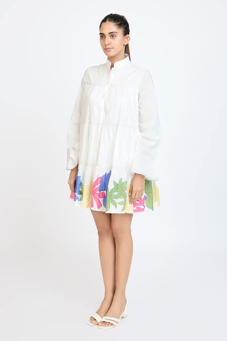 Dev And Viv_White Cotton Collared Printed Shirt Dress _Online_at_Aza_Fashions