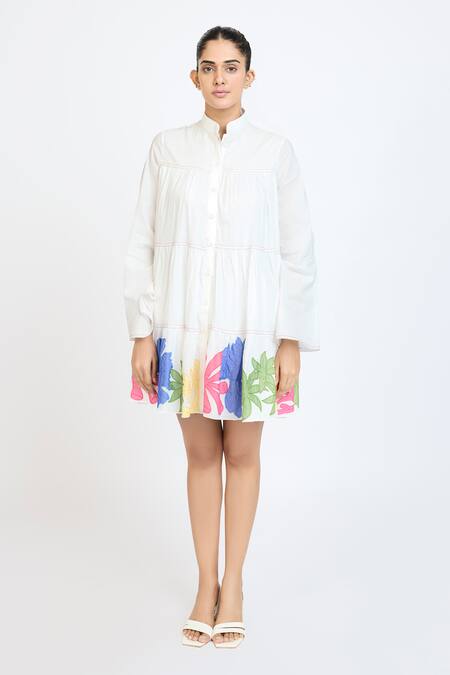 Buy_Dev And Viv_White Cotton Collared Printed Shirt Dress _Online_at_Aza_Fashions