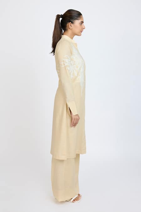 Dev And Viv_Beige Lycra Embroidery Mandarin Collar Tunic With Pant _Online_at_Aza_Fashions