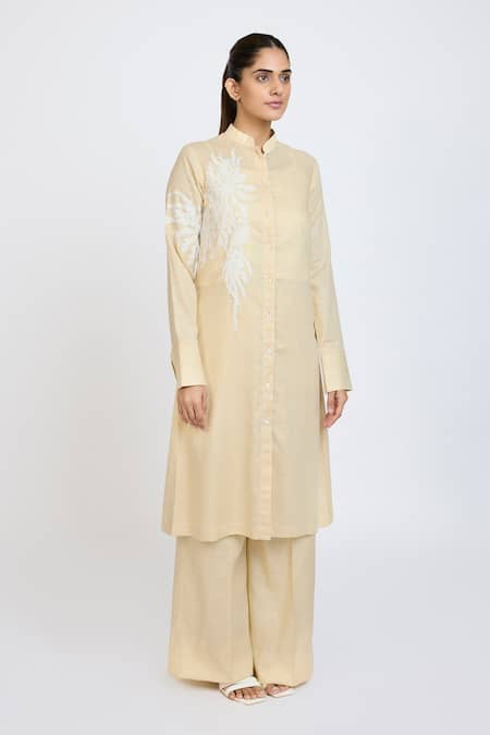 Buy_Dev And Viv_Beige Lycra Embroidery Mandarin Collar Tunic With Pant _Online_at_Aza_Fashions