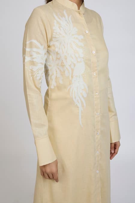 Shop_Dev And Viv_Beige Lycra Embroidery Mandarin Collar Tunic With Pant _Online_at_Aza_Fashions