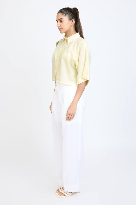Dev And Viv_Yellow Embroidery Collared Starfish Cropped Shirt _Online_at_Aza_Fashions
