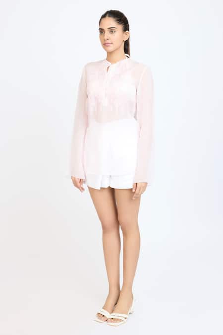 Dev And Viv_Pink Organza Embroidery Collared Under Water Pattern Shirt _Online_at_Aza_Fashions
