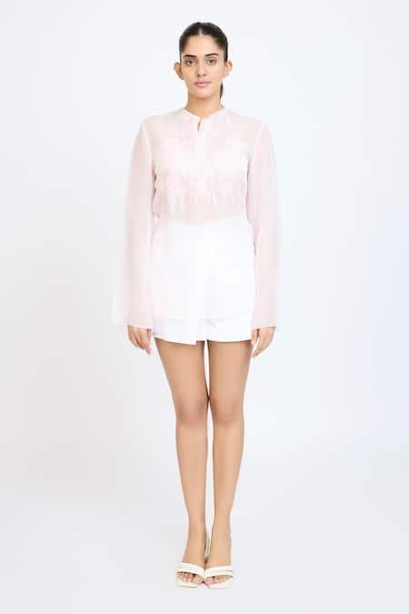 Shop_Dev And Viv_Pink Organza Embroidery Collared Under Water Pattern Shirt _Online_at_Aza_Fashions