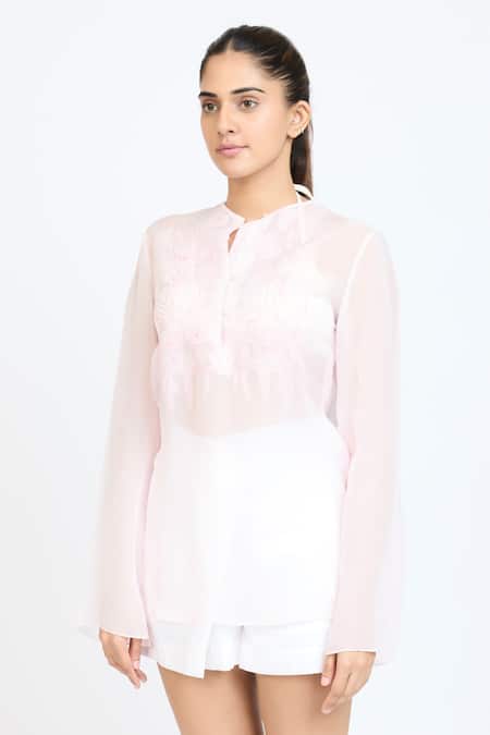 Dev And Viv_Pink Organza Embroidery Collared Under Water Pattern Shirt _at_Aza_Fashions