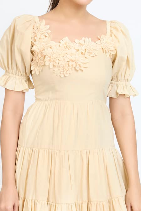 Shop_Dev And Viv_Beige Cotton Fabric Flowers Square Neck Floral Pattern Dress 