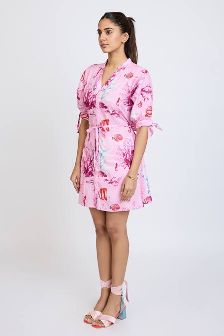 Buy_Dev And Viv_Pink Cotton V-neck Floral Print Dress _Online_at_Aza_Fashions