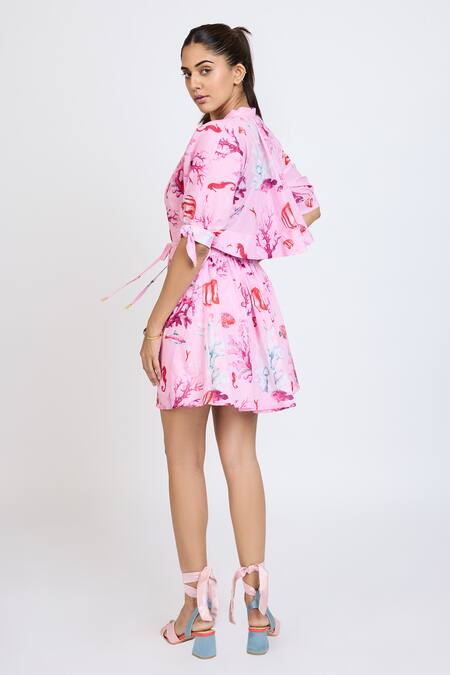 Shop_Dev And Viv_Pink Cotton V-neck Floral Print Dress _Online_at_Aza_Fashions
