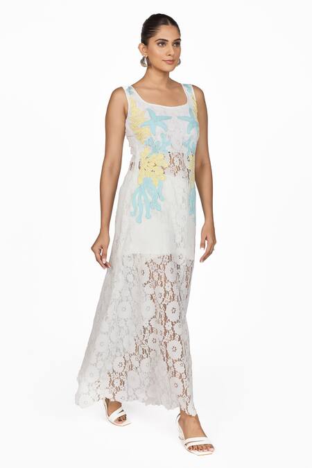 Dev And Viv_White Lace Embroidery Square Neck Dress _Online_at_Aza_Fashions