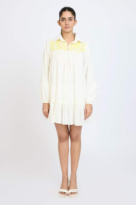 Dev And Viv_Off White Cotton Embroidery Collared Yoke Dress _Online_at_Aza_Fashions