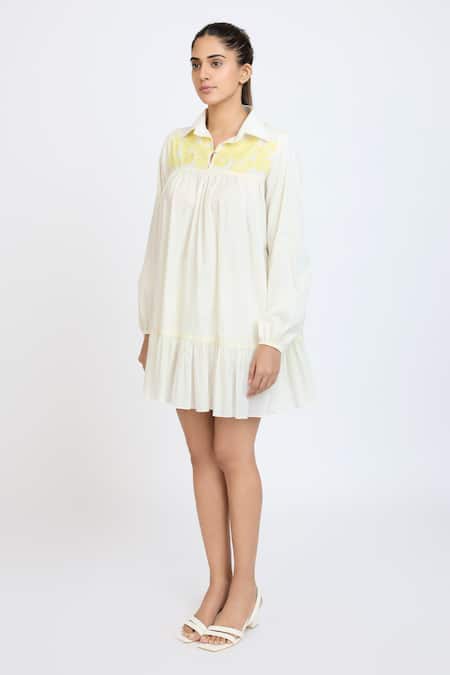 Buy_Dev And Viv_Off White Cotton Embroidery Collared Yoke Dress _Online_at_Aza_Fashions