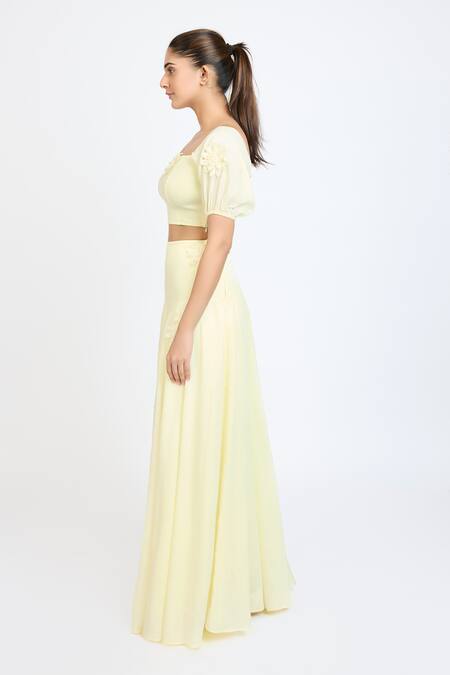 Dev And Viv_Yellow Lycra Applique Square Neck Floral Top With Skirt _Online_at_Aza_Fashions