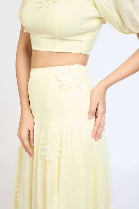 Shop_Dev And Viv_Yellow Lycra Applique Square Neck Floral Top With Skirt _Online_at_Aza_Fashions