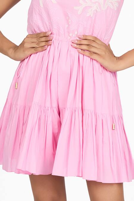 Buy_Dev And Viv_Pink Cotton Applique Scoop Neck Floral Dress _Online_at_Aza_Fashions