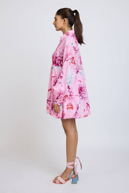 Dev And Viv_Pink Cotton Collared Floral Pattern Dress _Online_at_Aza_Fashions