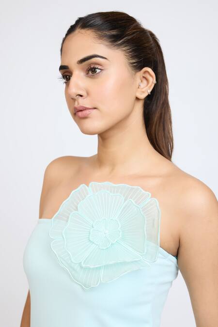 Buy_Dev And Viv_Blue Polyester Applique Open Neck Floral Dress _Online_at_Aza_Fashions