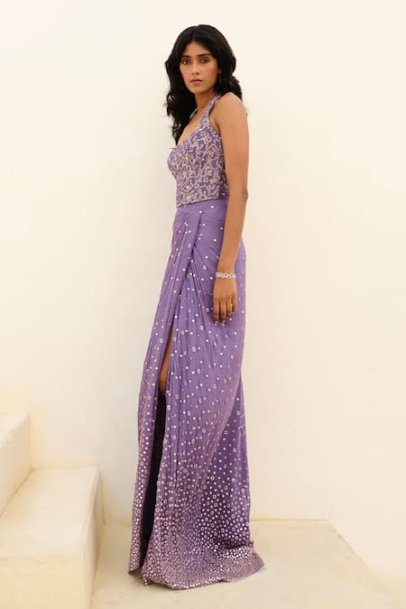 Chamee And Palak_Purple Georgette, Silk Sequins, Beads, Stones Zia Slit Embroidered Skirt Set _Online_at_Aza_Fashions