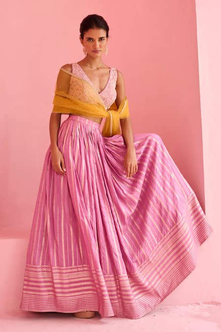 Chamee And Palak_Lavender Net, Silk Sequins, Embroidery V-neck Hunar Blouse And Lehenga Set _Online_at_Aza_Fashions