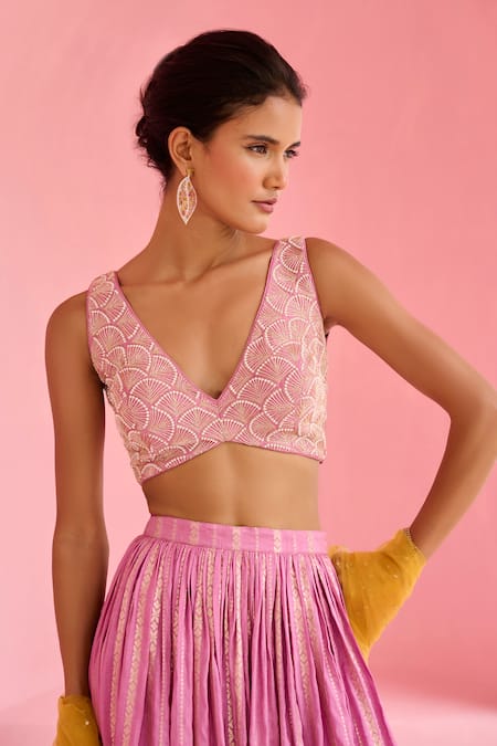 Buy_Chamee And Palak_Lavender Net, Silk Sequins, Embroidery V-neck Hunar Blouse And Lehenga Set _Online_at_Aza_Fashions