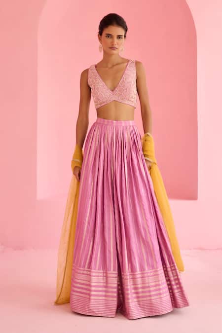 Shop_Chamee And Palak_Lavender Net, Silk Sequins, Embroidery V-neck Hunar Blouse And Lehenga Set _Online_at_Aza_Fashions