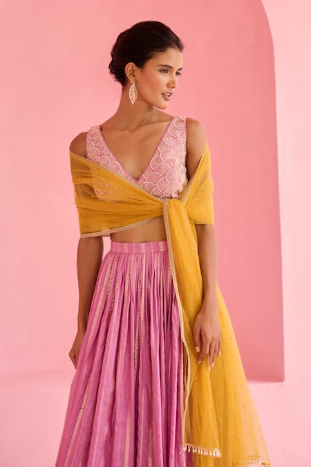 Chamee And Palak_Lavender Net, Silk Sequins, Embroidery V-neck Hunar Blouse And Lehenga Set _at_Aza_Fashions