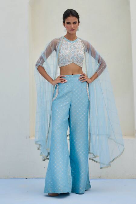 Buy_Chamee And Palak_White Tissue, Brocade, Silk, Net Embroidery Halter Neck Lara Cape And Pant Set _Online_at_Aza_Fashions