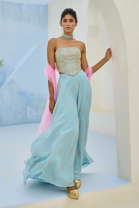Chamee And Palak_Blue Crepe, Silk, Net Sequins, Embroidery Suhana Corset And Flared Pant Set _Online_at_Aza_Fashions