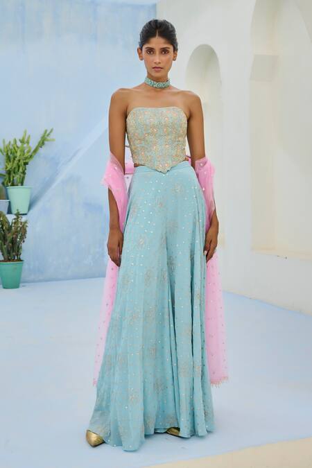 Buy_Chamee And Palak_Blue Crepe, Silk, Net Sequins, Embroidery Suhana Corset And Flared Pant Set _Online_at_Aza_Fashions
